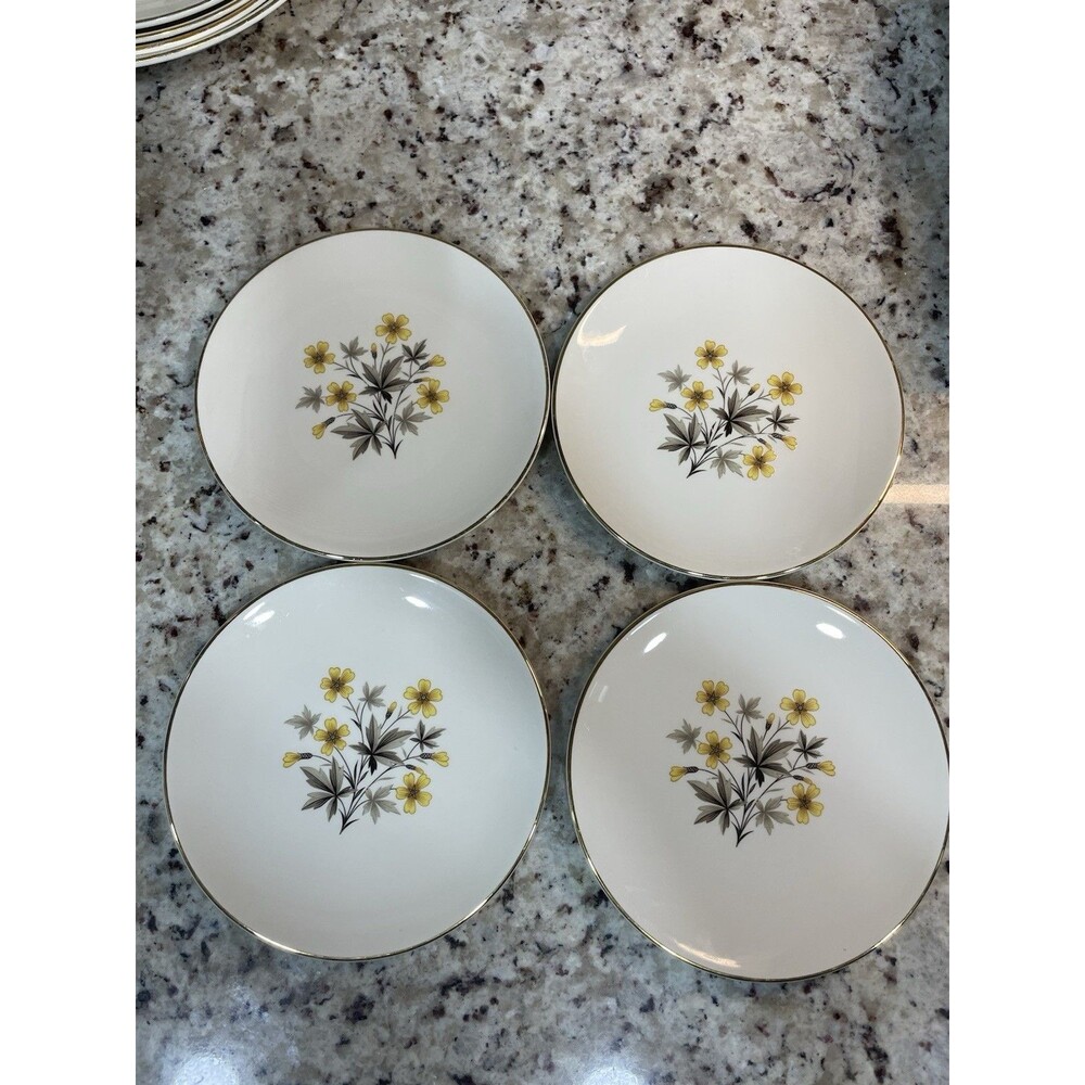Vintage Set of 4 Edwin Knowles Floral Cream Dessert Plates 6” Gold Tri
